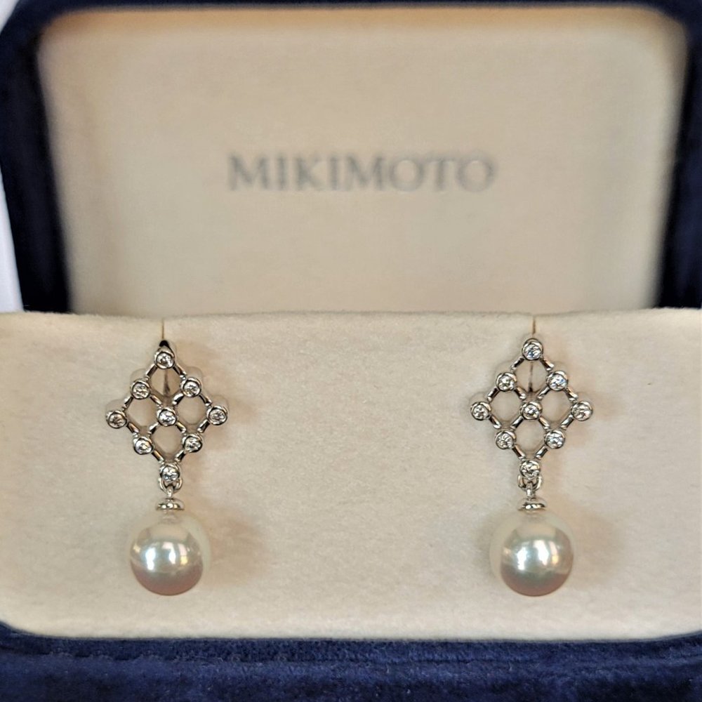 Mikimoto 18K White Gold Pearl & Diamond Drop Earrings